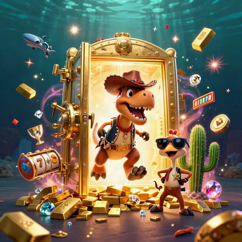 Cowboy T-Rex crew bursting from a golden vault amid casino loot and sparkles.