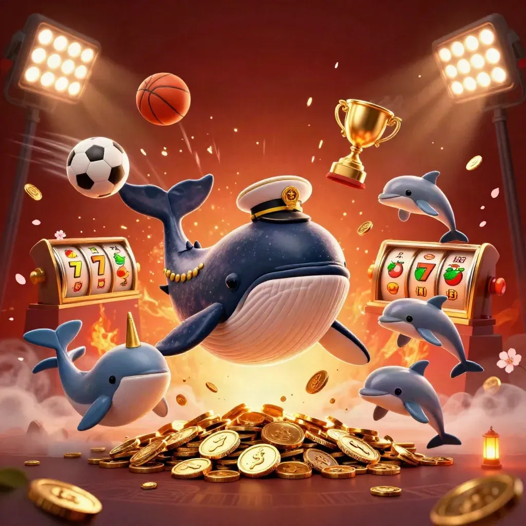 Whale captain, narwhal, and dolphins burst through coins with casino and sports icons