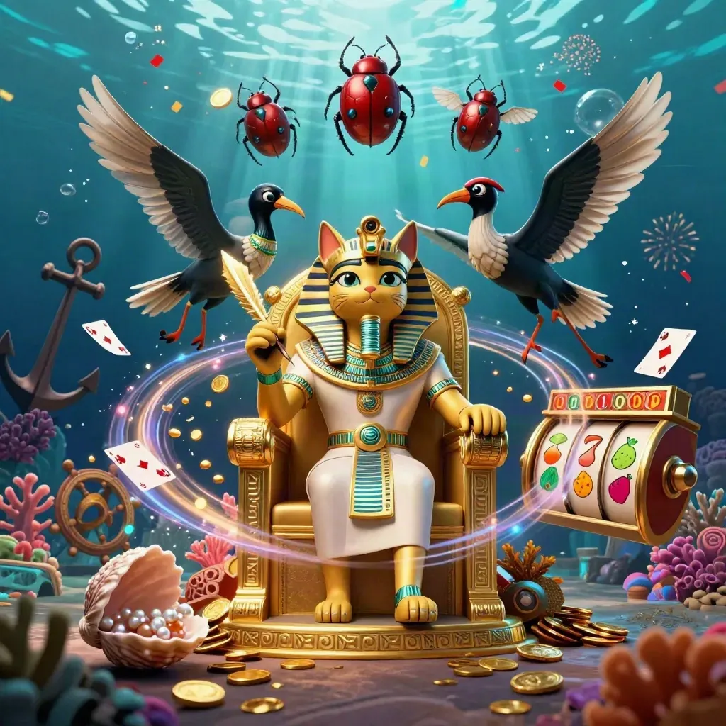 Pharaoh cat, ibis scribe, and gem-wing scarabs amid underwater treasure and casino symbols.
