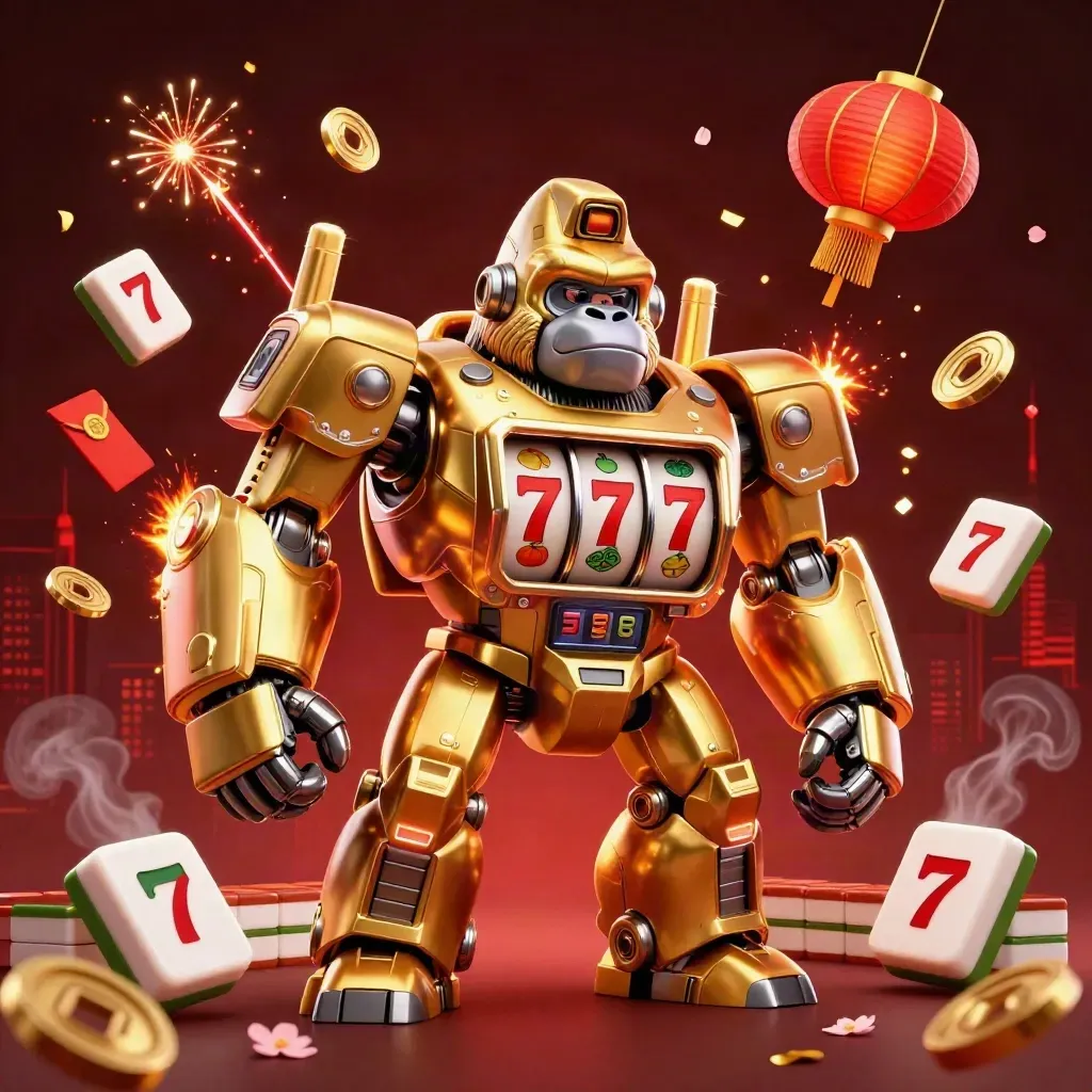 Golden gorilla slot mech with tiny monkey pilot amid crimson casino effects and flying symbols