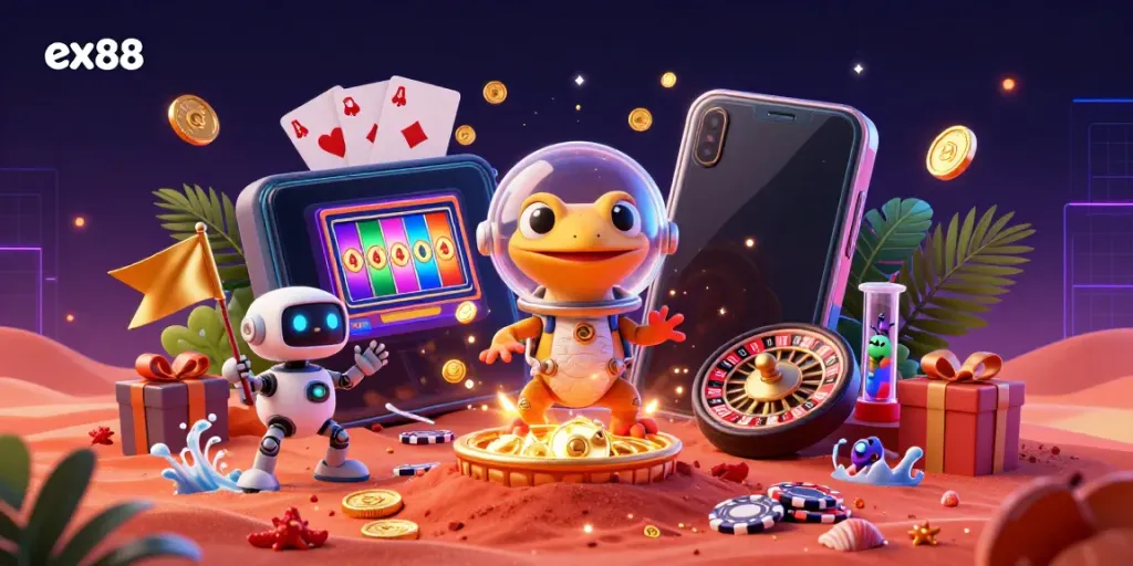 Explore the thrilling world of ex88 with a Martian gecko at a golden casino amidst vibrant slot reels and playful alien companions.