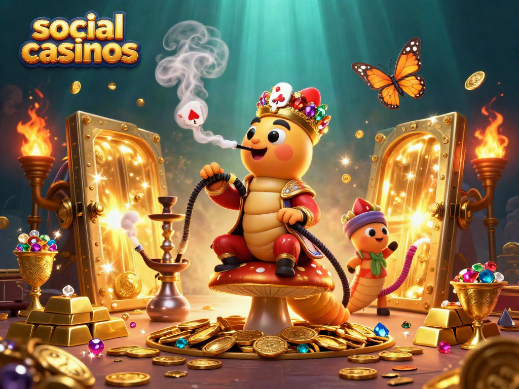 Engaging scene showcasing social casinos with a vibrant caterpillar master and treasure elements.