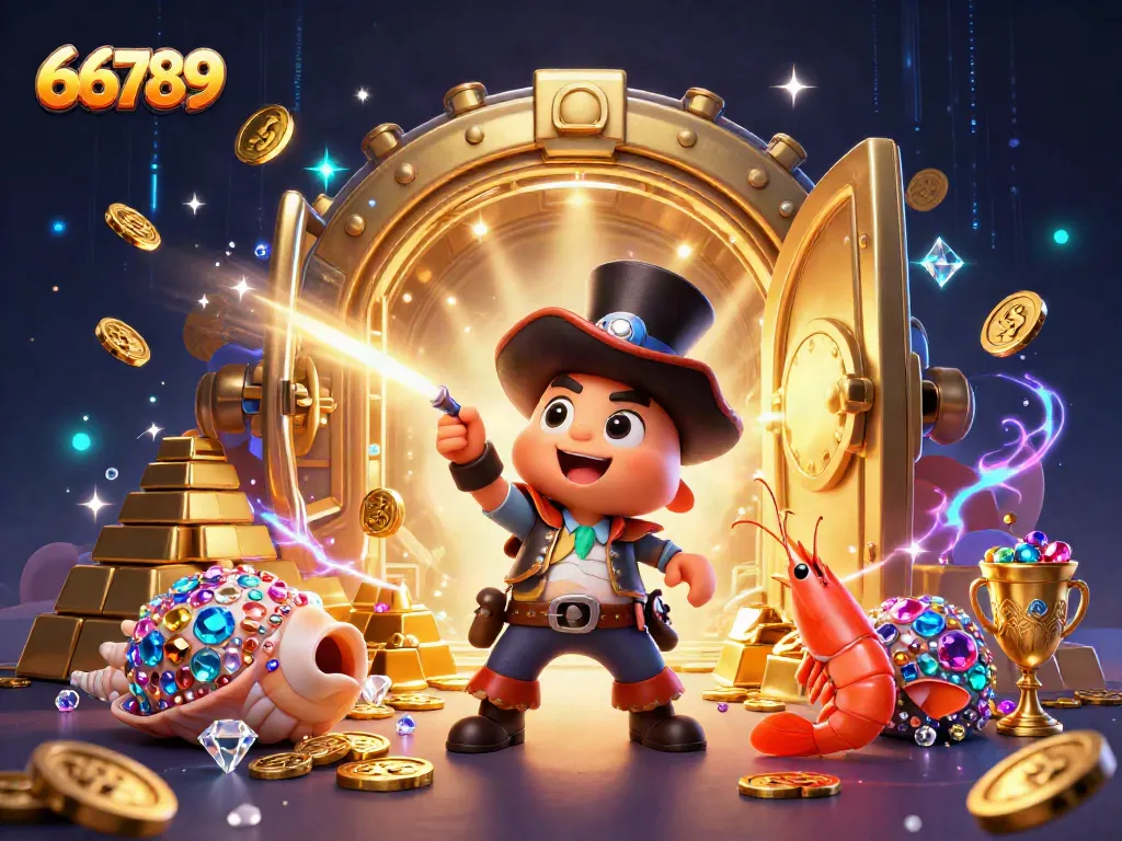 Join the fun at 66789 with vibrant golden coins and energetic characters in a casino-themed illustration.