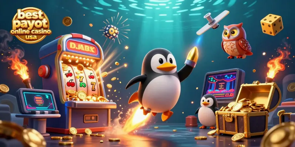 Experience the excitement with the best payout online casino usa, featuring a golden penguin and vibrant casino elements.