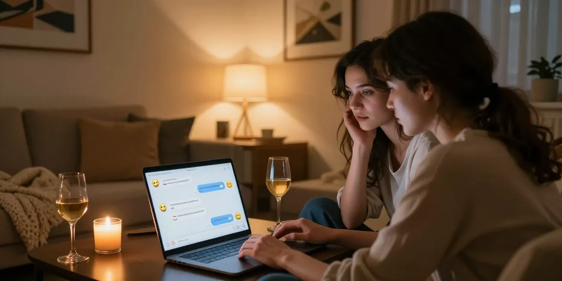Couple engaging in ai sex chat in a cozy living room with laptops and warm lighting.