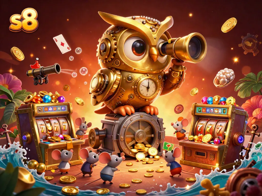 S8 casino scene showcasing vibrant gaming elements like slot machines, colorful gems, and a golden owl.