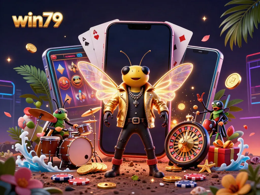 Experience thrilling wins with the vibrant win79 casino scene featuring dynamic 3D characters and captivating gaming elements.