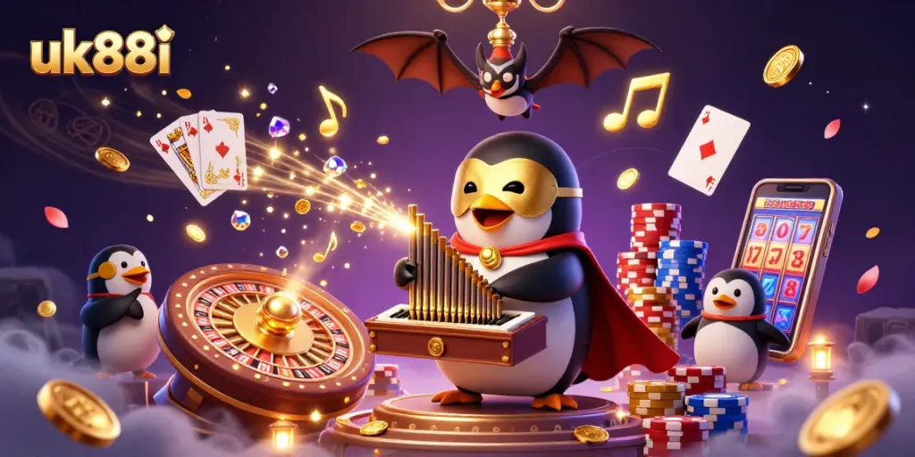 Engage with thrilling casino action at uk88i with a vibrant 3D illustration showcasing a whimsical penguin and rich gaming elements.