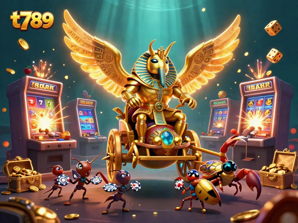 Experience excitement with t789's dynamic gaming world featuring vibrant slot machines and engaging characters.