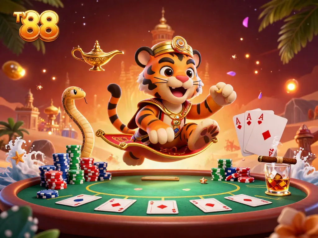 Engage in thrilling poker adventures with TV 88, featuring a sultan, genie, and rich casino elements.