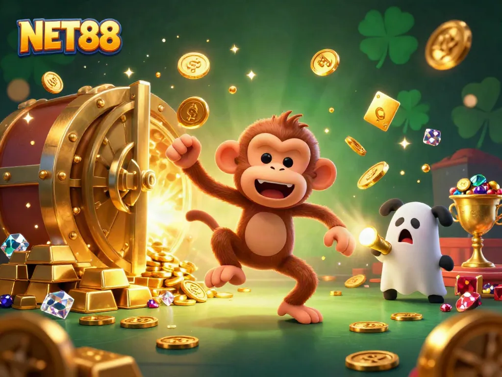 Experience the excitement of NET88 with a playful ghost-hunter scene in a dynamic casino setting.
