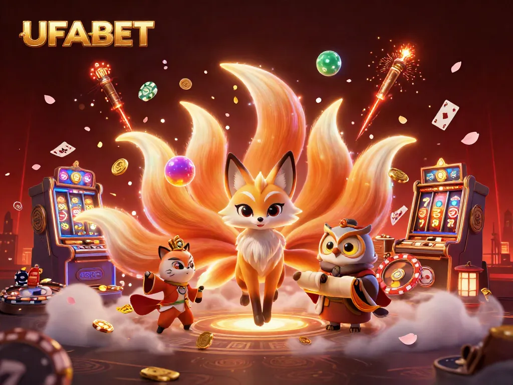 Experience UFABET with a vibrant 3D illustration of a mystical fox and owl amidst casino elements.