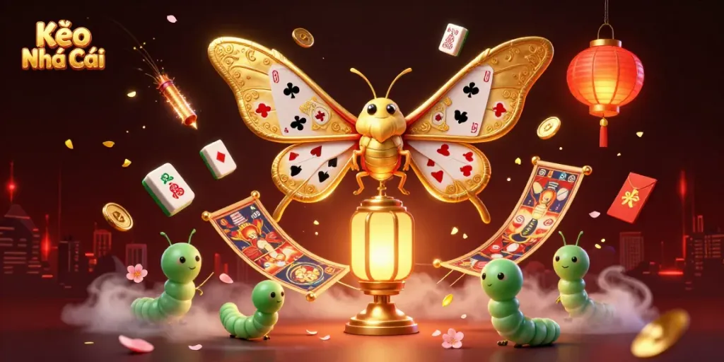 Engage with Kèo Nhà Cái's vibrant casino world featuring dynamic elements and a captivating moth.