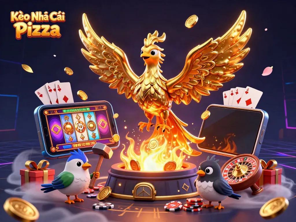 Kèo Nhà Cái Pizza illuminates a vibrant 3D scene of a molten golden phoenix and lively casino elements.