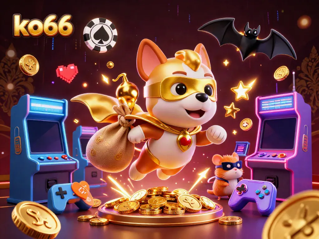 Engage with ko66's thrilling gaming adventure featuring a playful superhero dog and arcade elements.
