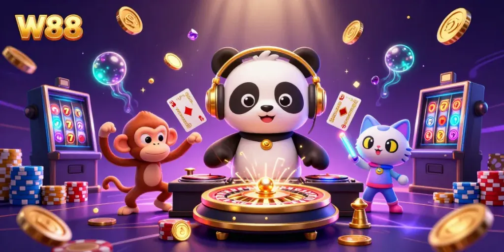 Engage with W88's dynamic casino scene featuring a DJ panda, dancing monkey, and glowing kitten amidst vibrant gaming elements.