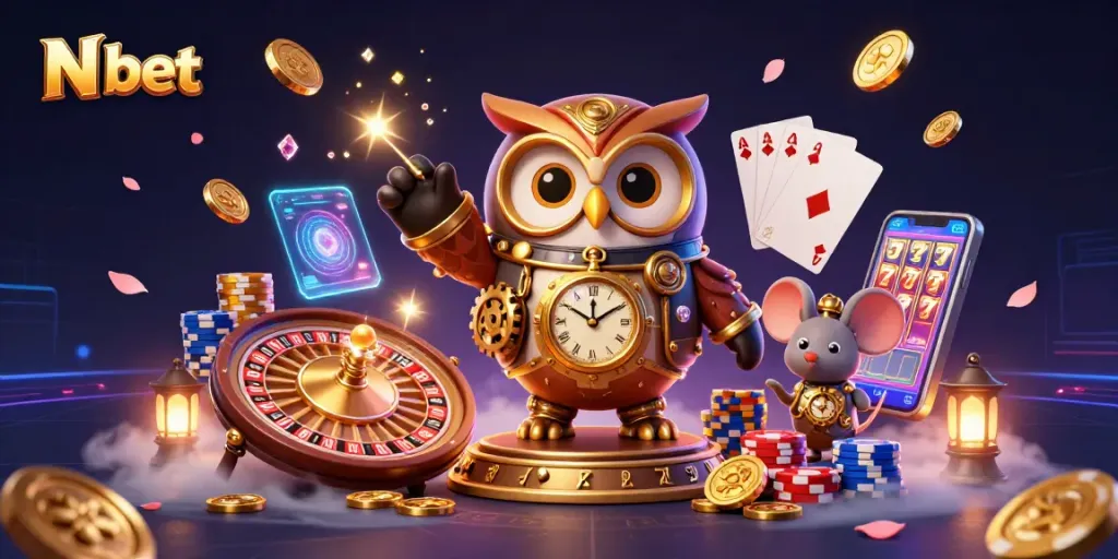 N bet immersive casino scene showcasing a time-traveling owl, dynamic games, and scattered golden coins and gems