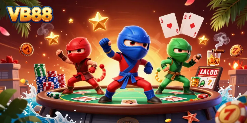 Experience thrilling VB88 moments with chameleon ninjas and colorful poker elements.