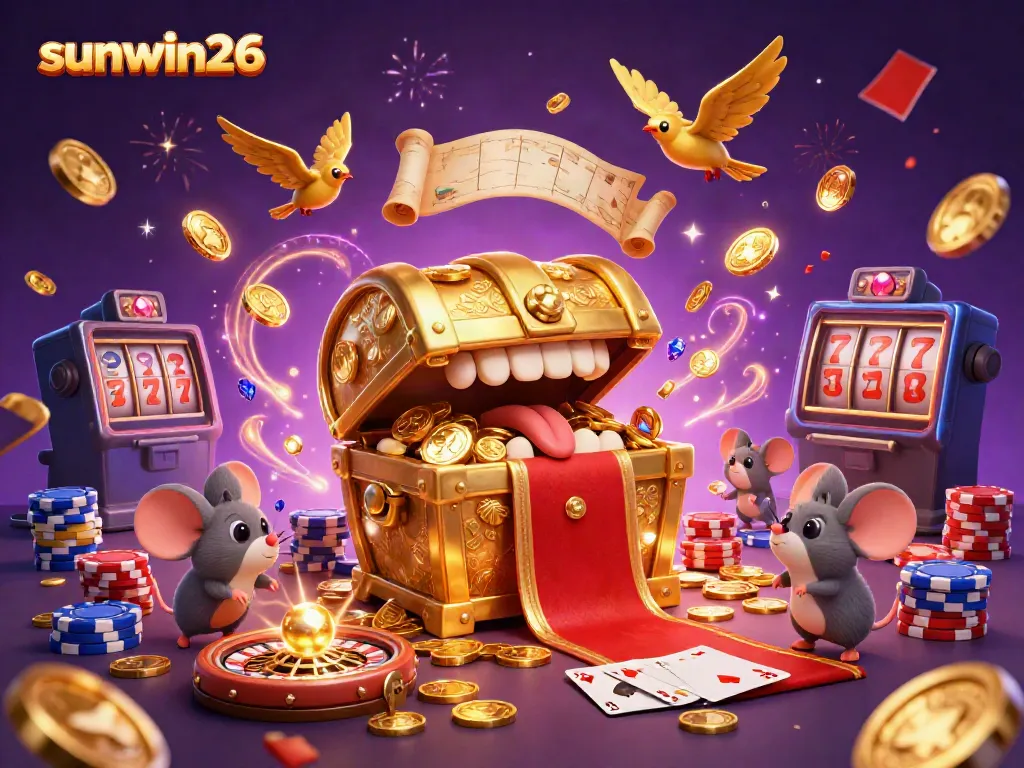 Spin the reels and win big with sunwin26, featuring animated golden treasure, playful mice, and casino elements in action.