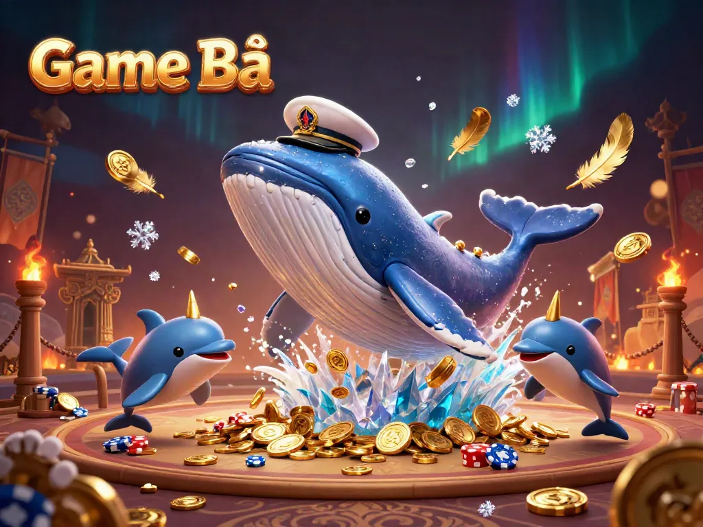 Engage with thrilling Game Bài action featuring playful dolphins, a majestic whale, and elegant narwhal in a casino scene.