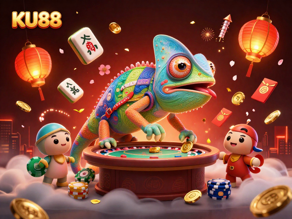 Experience the vibrant gaming world of KU88 with a dynamic chameleon casino owner amidst energetic casino elements.
