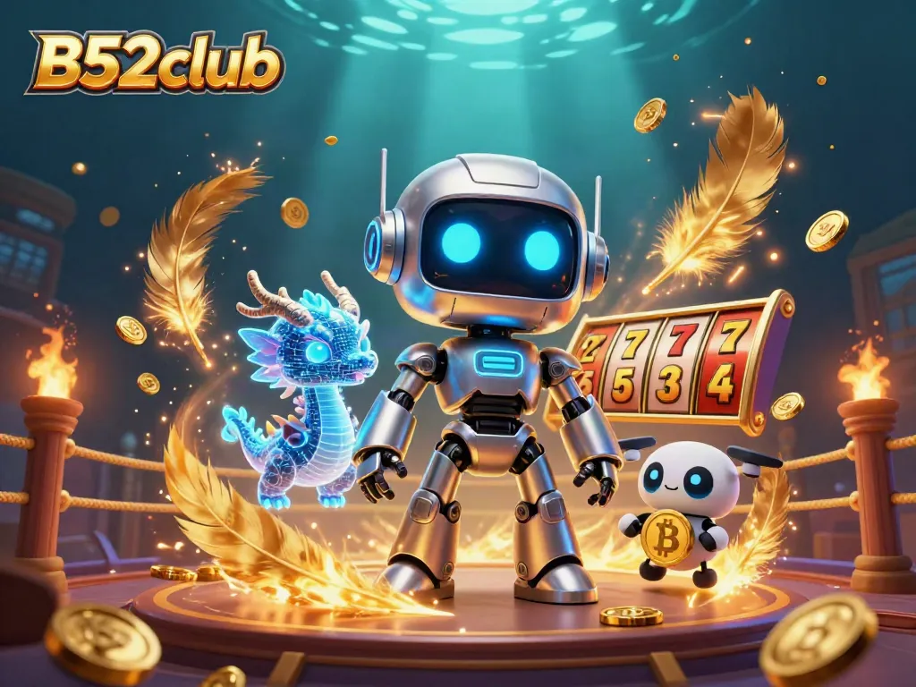 Engage in vibrant B52club gaming action with neon robot and holographic dragon in a colorful casino scene.