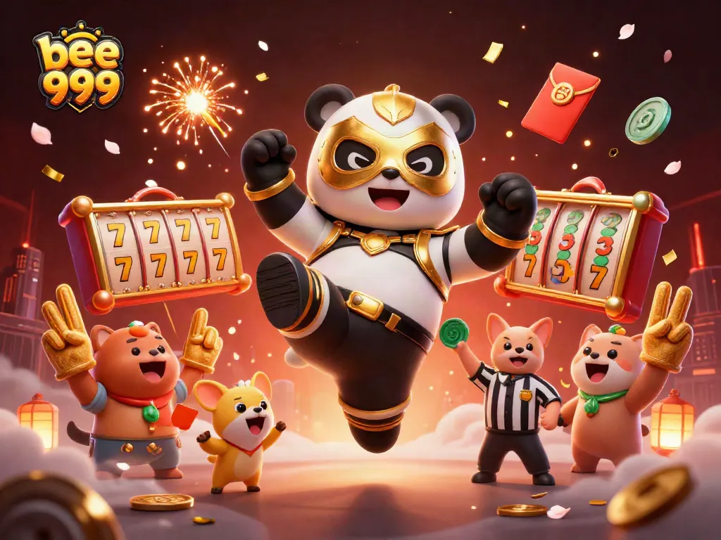 Experience the excitement of bee 999 online casino with a festive scene showcasing a panda wrestler and vibrant casino elements.