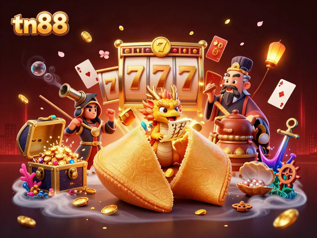 Win at tn88 with a 3D depiction of engaging casino elements featuring fortune cookies and gold.