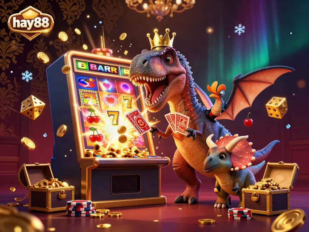 Experience exciting gameplay at hay88 with a whimsical casino scene featuring a T-Rex and vibrant elements.