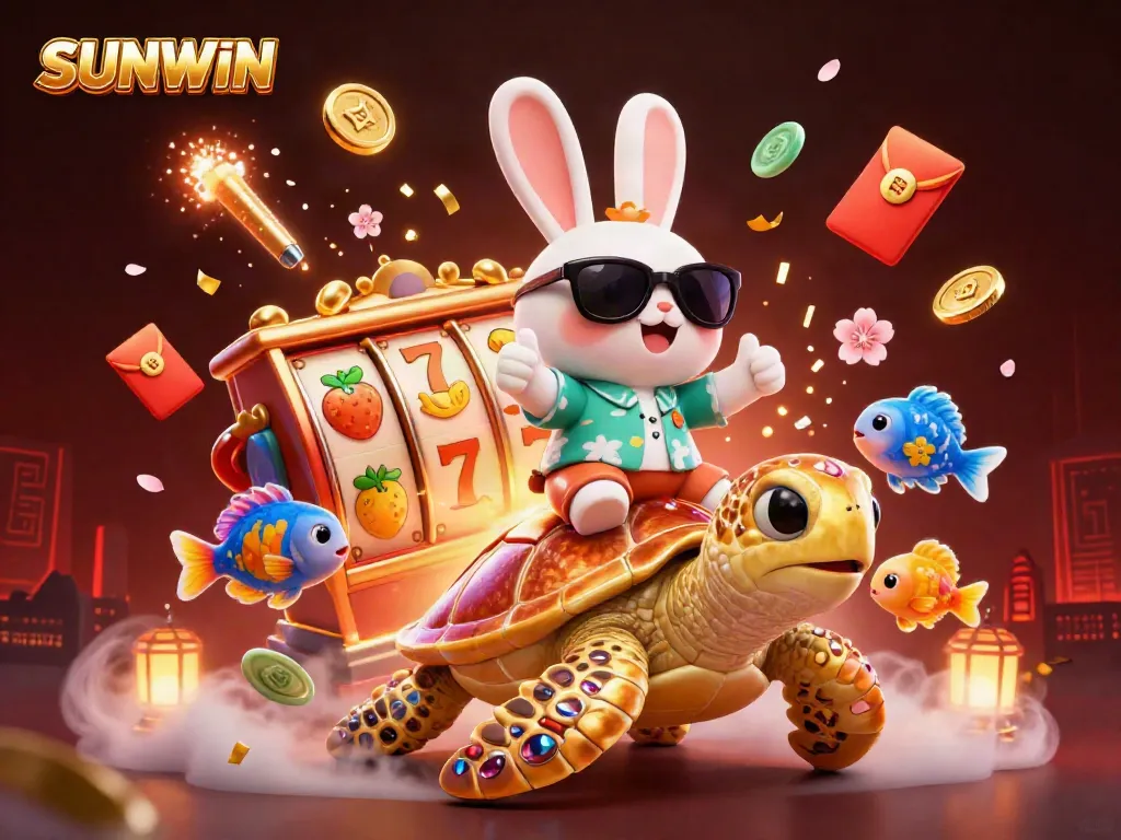 Experience thrilling gameplay with SUNWIN in a vibrant 3D casino scene filled with lucky symbols and festive elements.