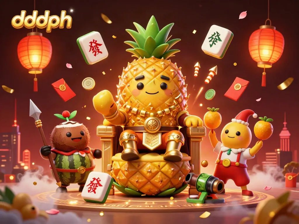 Experience the vibrant beach casino scene of dddph, with a golden pineapple king and festive decorations.