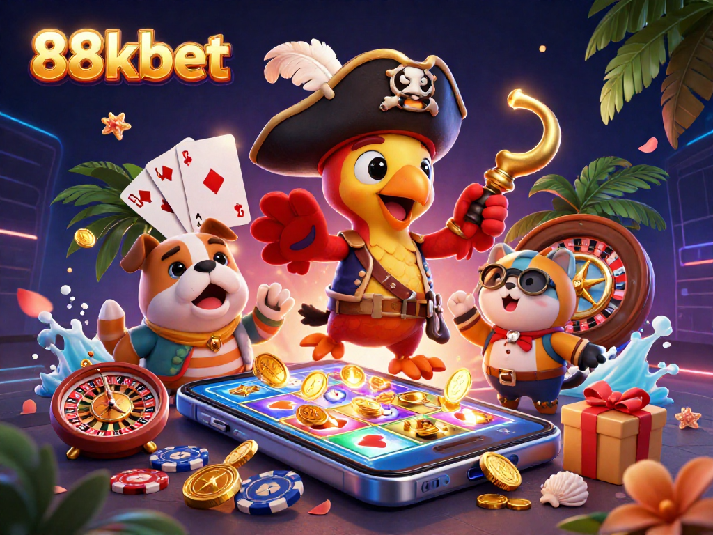 Engaging 88kbet scene with a pirate captain, a bulldog, and a navigator amidst vibrant gaming elements.