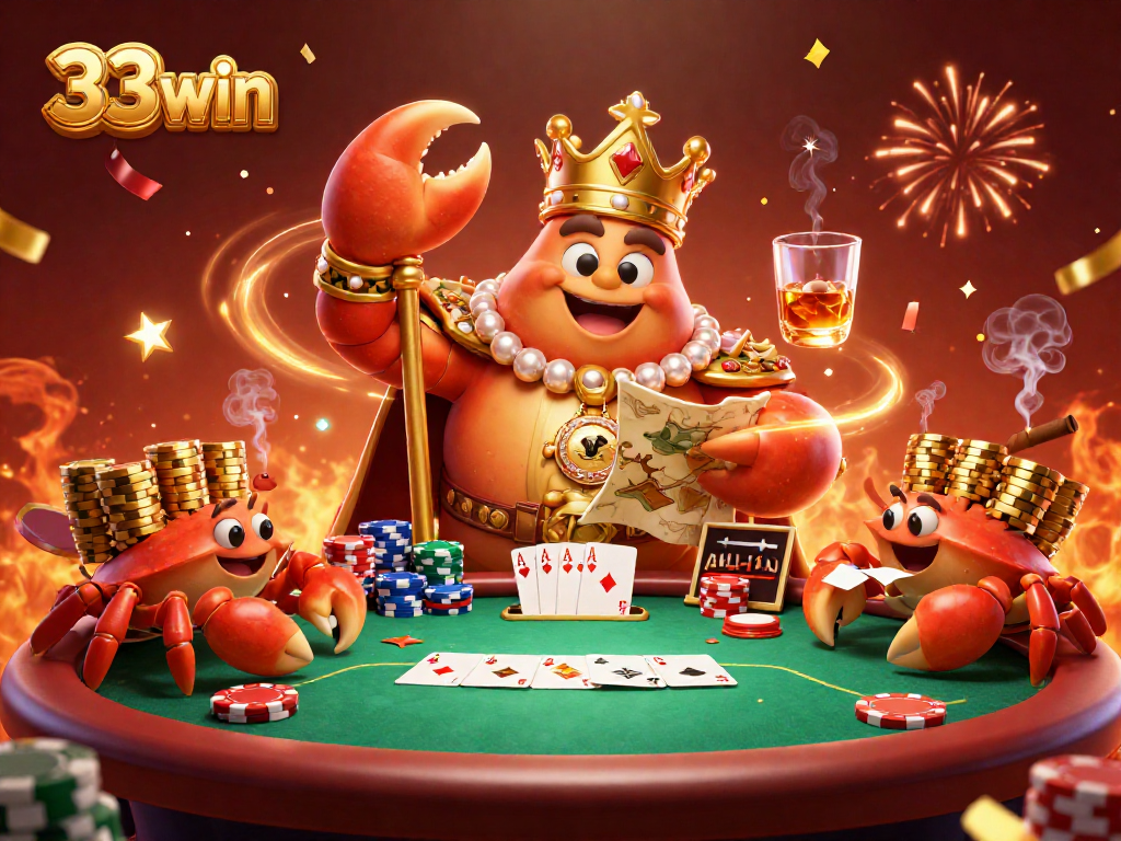 Engage with 33win at a vibrant poker scene featuring a golden crab emperor and exciting gameplay elements.