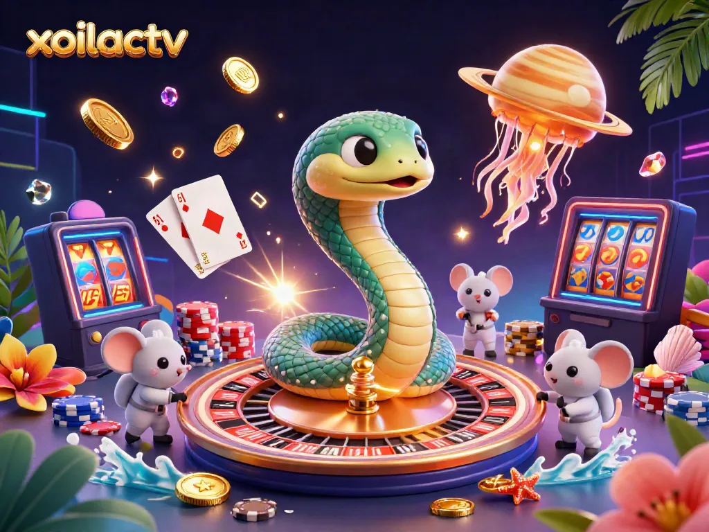 Xoilactv lets players enjoy dynamic betting action with a cartoon Saturn ring snake at a roulette table.