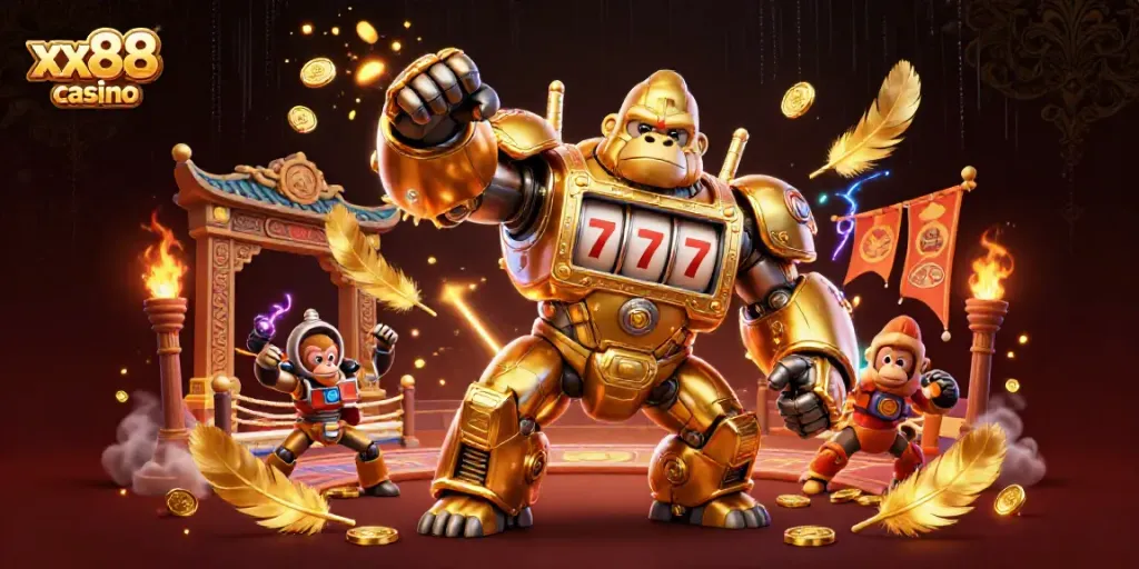 Engage in thrilling gameplay at xx88 casino with a golden gorilla mech and dynamic casino elements.