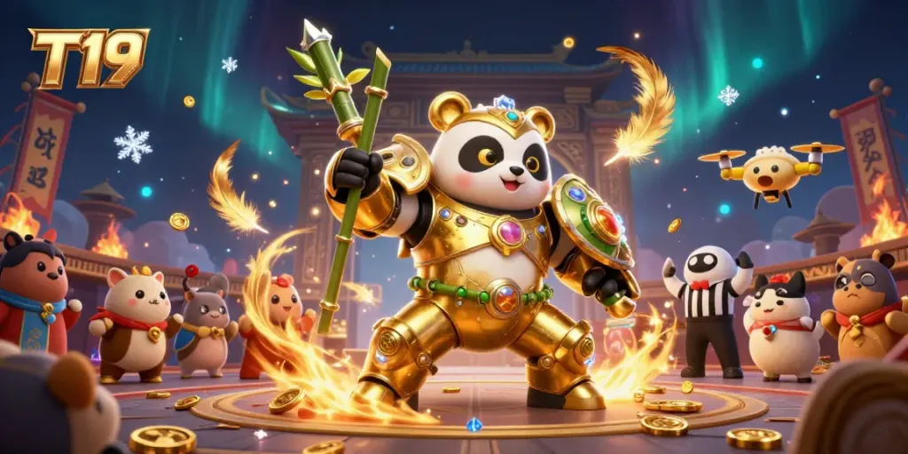 T19: Engage in thrilling gameplay with the golden panda mech-suit battling in a vibrant casino arena.