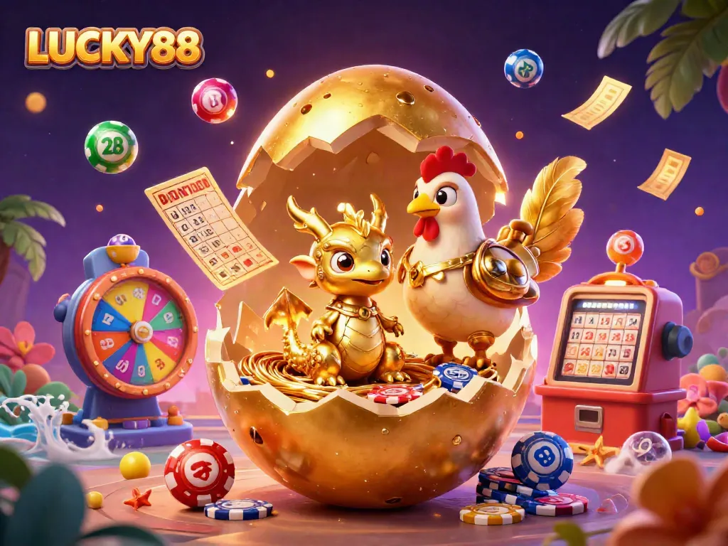 LUCKY88 showcases a golden dragon nestled on poker chips surrounded by vibrant bingo elements.