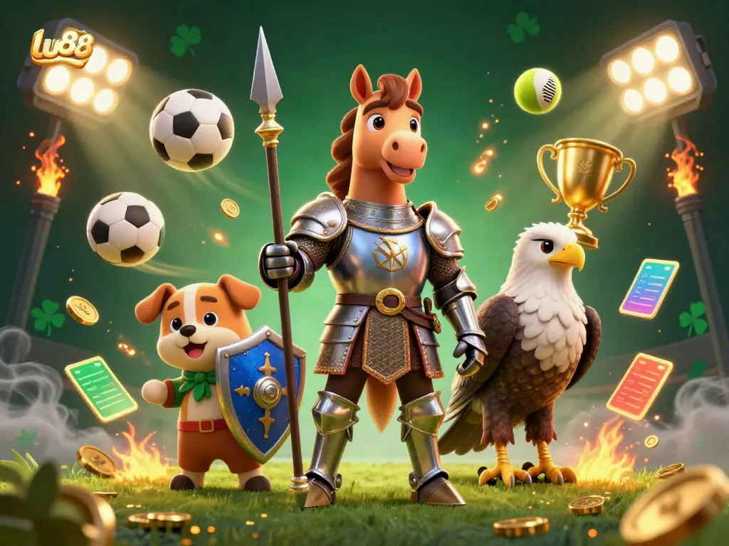 Enhance your gaming experience at lu88 with this vibrant 3D illustration of a medieval knight and dynamic sports elements.