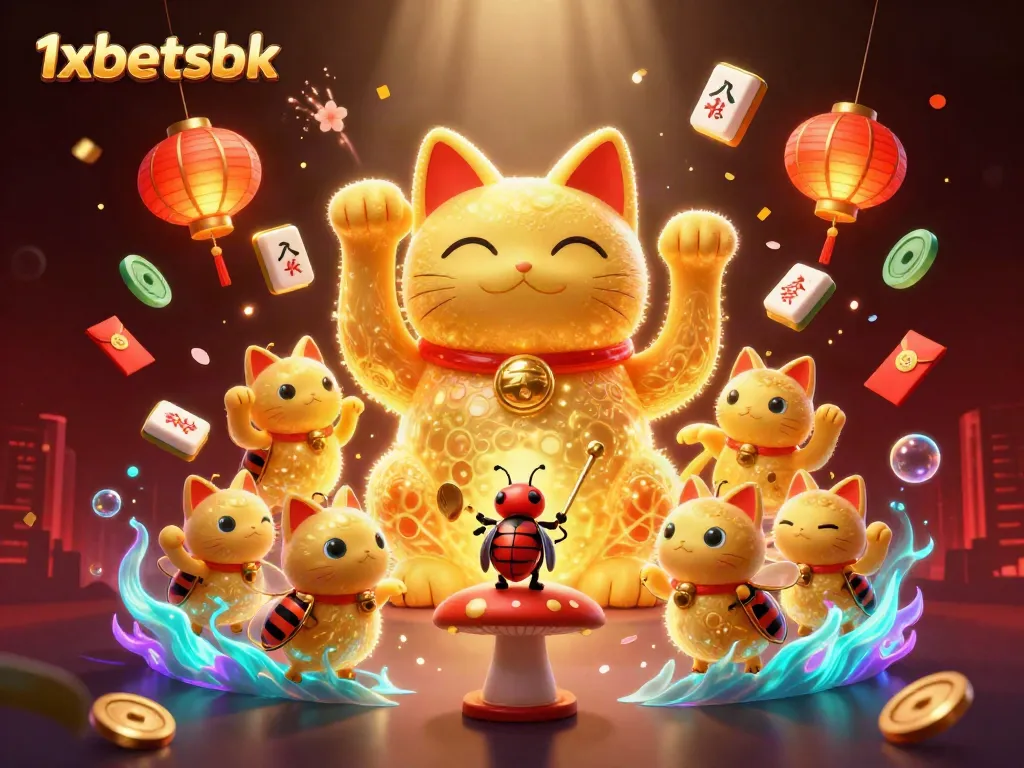 Experience winning strategies at 1xbetsbk with a dynamic array of casino symbols in a vibrant, engaging scene.