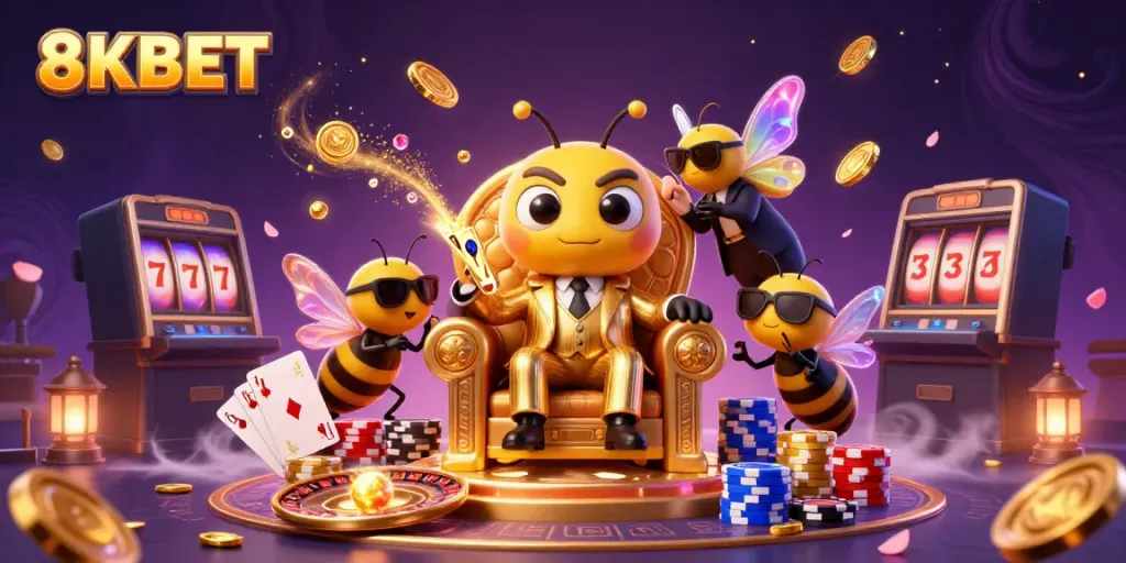 Experience the dazzling energy of 8KBET with a vibrant casino scene alive with action and intrigue.