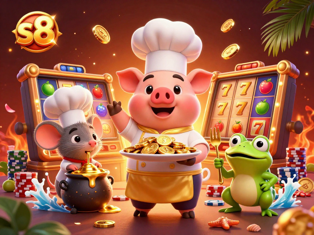 Experience thrilling jackpots with s8 as a chef pig serves golden coins in a vibrant casino.