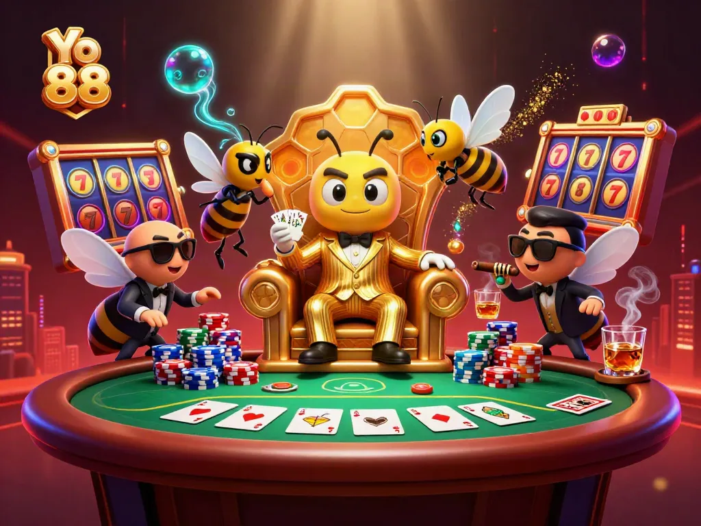 Engage with Yo 88 in a vibrant casino scene featuring a bumblebee mob boss and poker tables stacked with chips.
