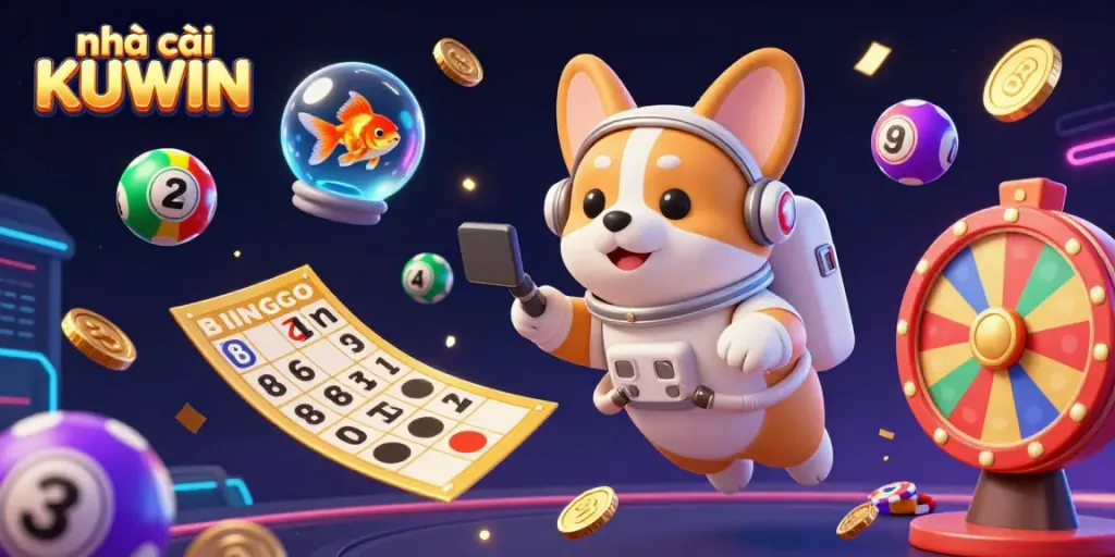 Engage with nhà cái KUWIN in a dynamic space casino environment, featuring a floating corgi, hamster, and goldfish amidst colorful lottery elements.