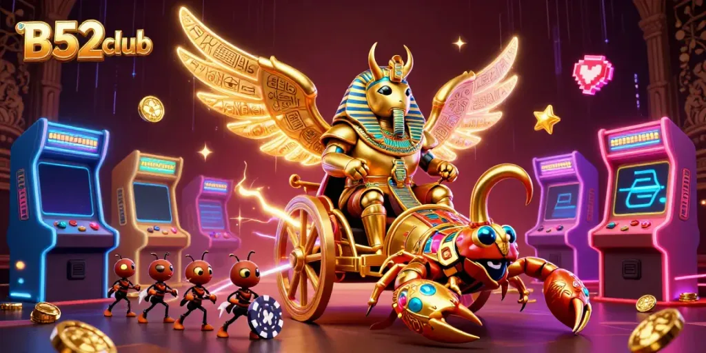 Experience B52club's vibrant casino atmosphere with glowing game machines and dynamic characters.