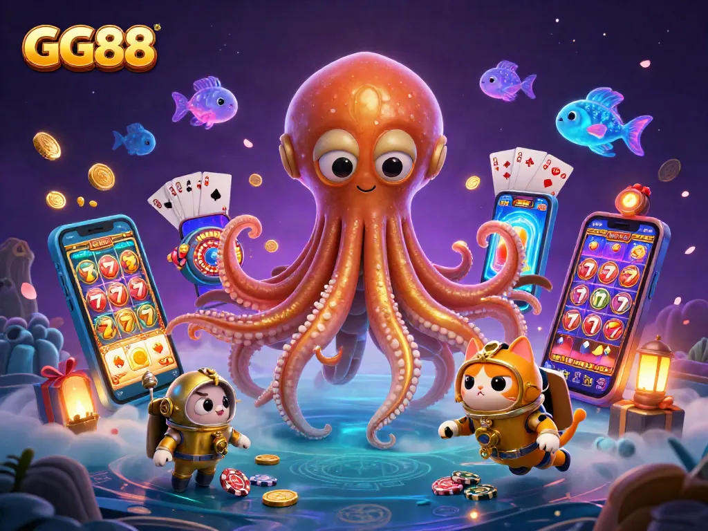 Experience gaming with GG88, featuring a kraken and diving cat surrounded by casino elements.