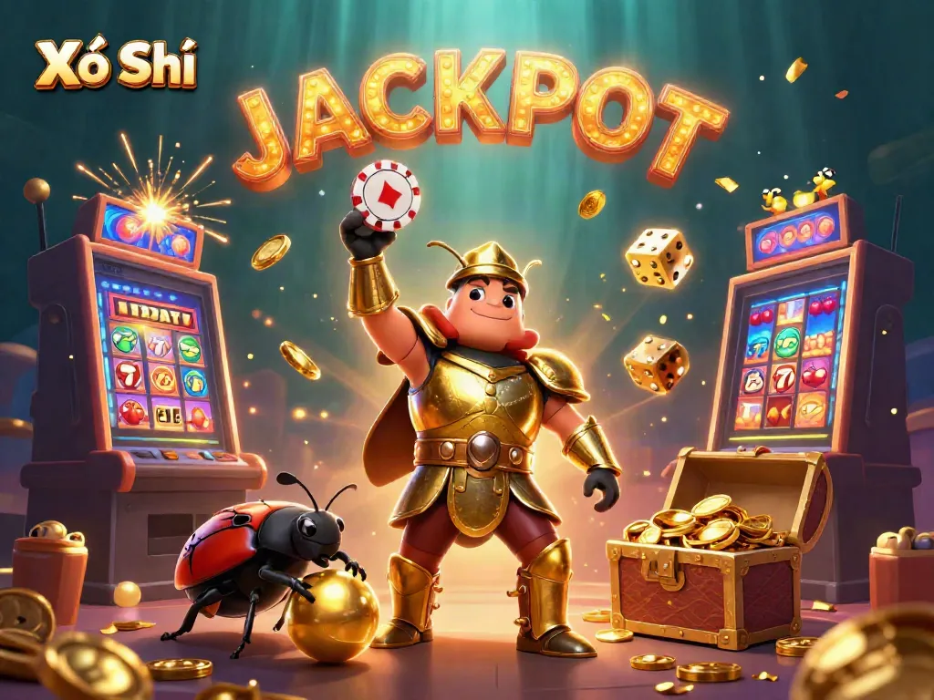 Experience the excitement of Xổ Số with a victorious beetle character and dynamic casino elements in a rich, vibrant scene.