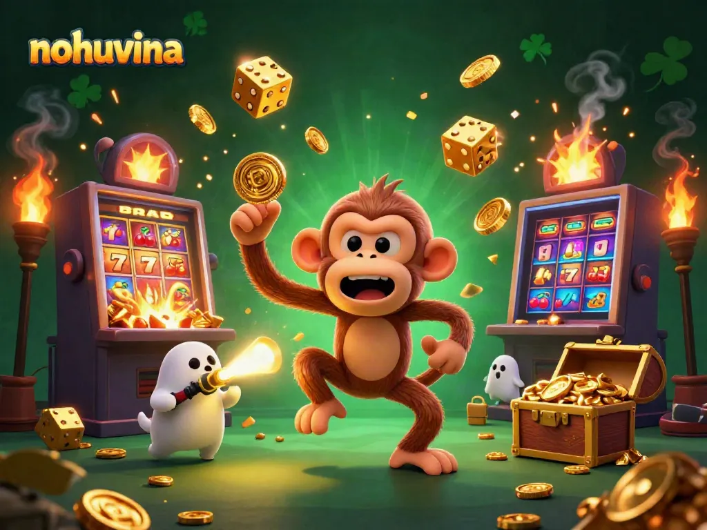 Nohuvina showcases a dynamic 3D casino scene featuring a mischievous poltergeist monkey and a curious puppy amid slot machines, coins, and jackpots.