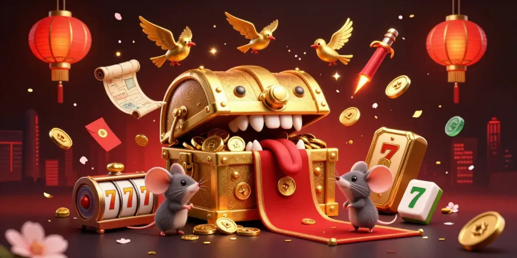 Engage with HITCLUB's vibrant casino atmosphere featuring golden elements, slot reels, and festive decorations.