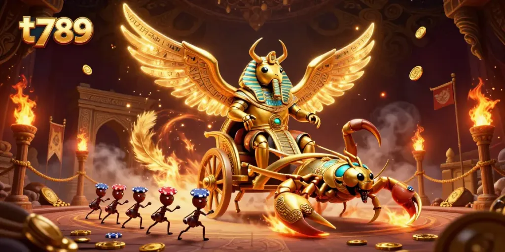 Engage in exciting gaming action with t 789, featuring a colossal scarab beetle and golden scorpions in a dynamic casino scene.
