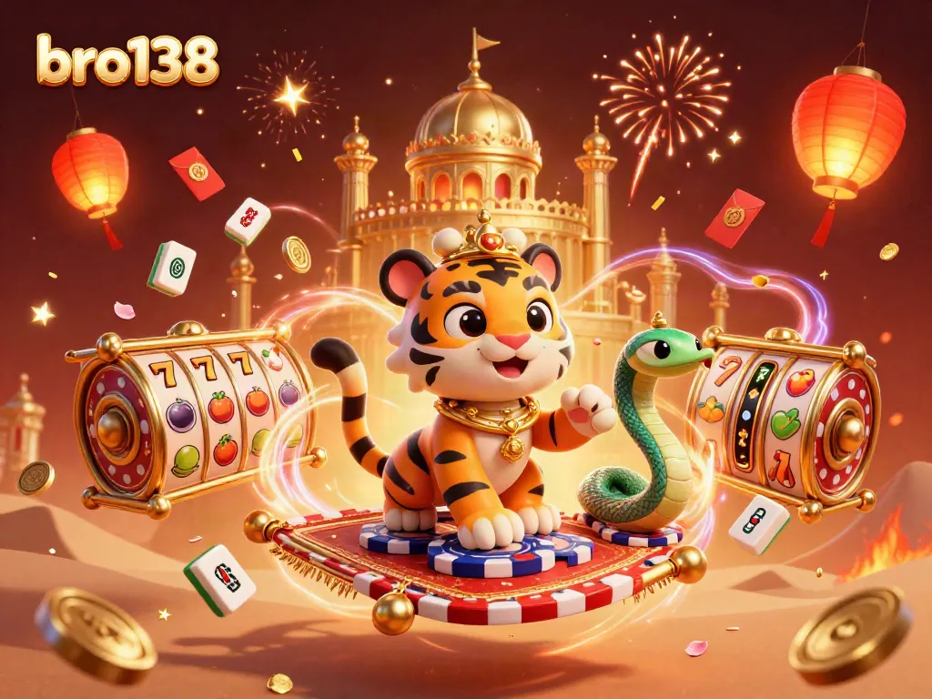 Experience thrilling gameplay with bro138 as a magical tiger sultan and treasures unfold in a vibrant casino scene.